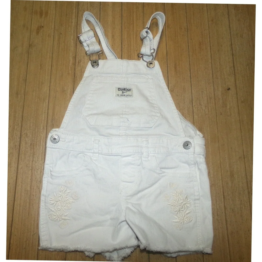 OshKosh B'gosh Toddler 4T Girls White Denim Floral Embroidered Short Overalls